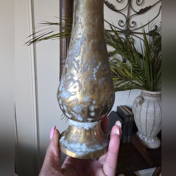 Vintage Brass Stem Bud Vase Tall Etched 11 1/4'H - Picture 3 of 9